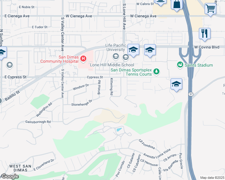 map of restaurants, bars, coffee shops, grocery stores, and more near 1177 Hastings Court in San Dimas