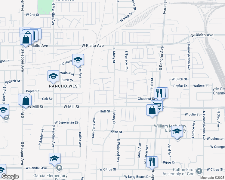 map of restaurants, bars, coffee shops, grocery stores, and more near 365 South Macy Street in San Bernardino