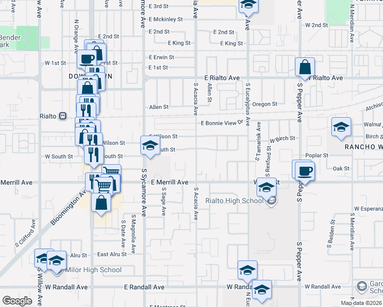 map of restaurants, bars, coffee shops, grocery stores, and more near 345 South Acacia Avenue in Rialto