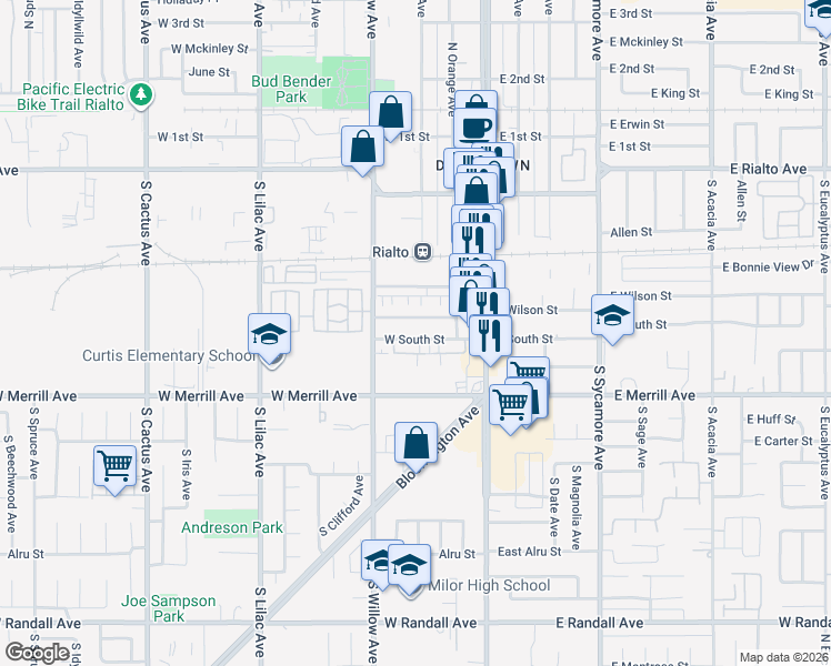 map of restaurants, bars, coffee shops, grocery stores, and more near 250 West Wilson Street in Rialto