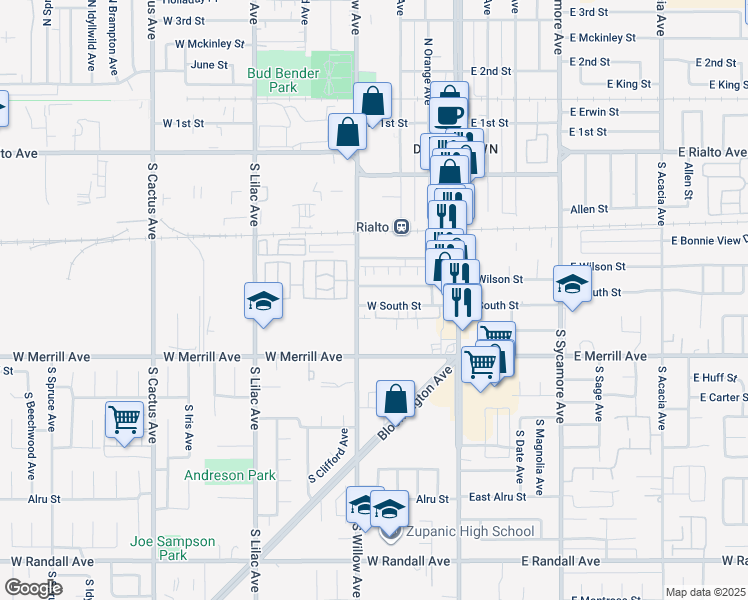 map of restaurants, bars, coffee shops, grocery stores, and more near 250 West Wilson Street in Rialto
