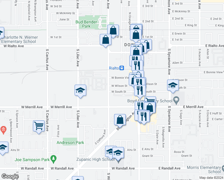 map of restaurants, bars, coffee shops, grocery stores, and more near 250 West Wilson Street in Rialto