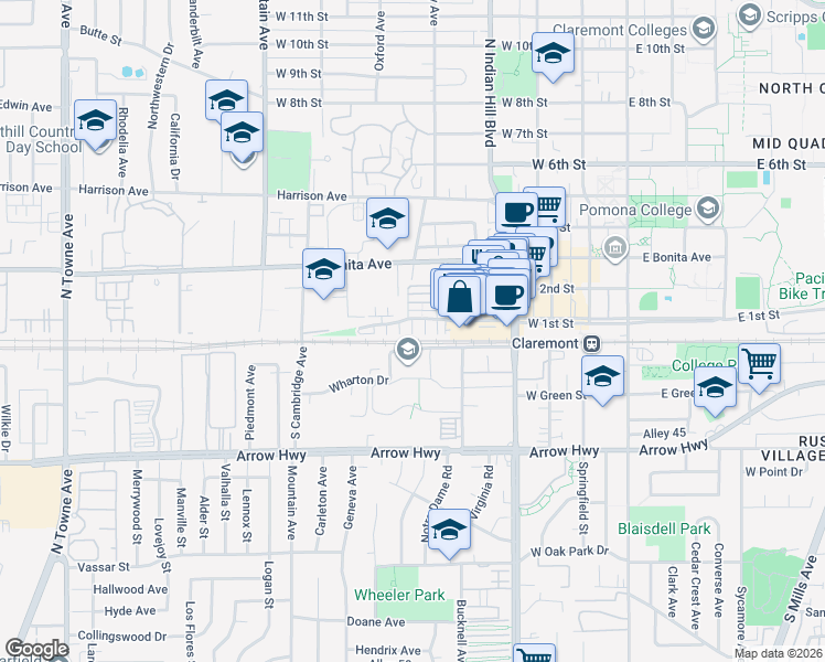 map of restaurants, bars, coffee shops, grocery stores, and more near 616 McKenna Street in Claremont