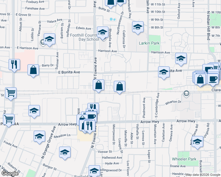 map of restaurants, bars, coffee shops, grocery stores, and more near 822 Pommelo Way in Pomona