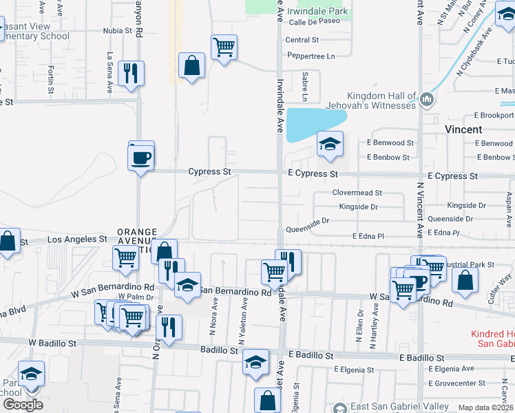 map of restaurants, bars, coffee shops, grocery stores, and more near 15818 East Royal Estates Drive in Covina