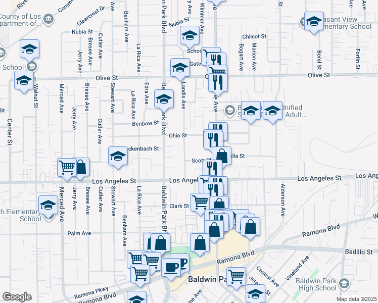 map of restaurants, bars, coffee shops, grocery stores, and more near 4524 Landis Avenue in Baldwin Park