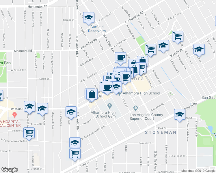 map of restaurants, bars, coffee shops, grocery stores, and more near 25 North 2nd Street in Alhambra