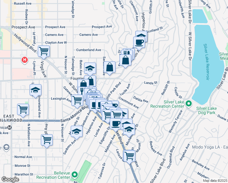 map of restaurants, bars, coffee shops, grocery stores, and more near 1241 Hyperion Avenue in Los Angeles