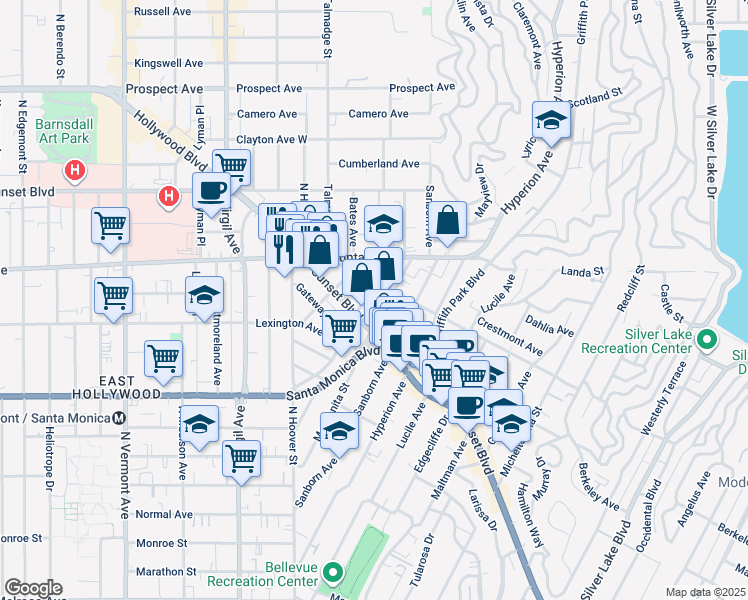 map of restaurants, bars, coffee shops, grocery stores, and more near 1200 Myra Avenue in Los Angeles