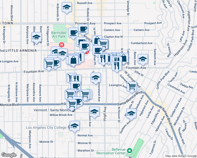 map of restaurants, bars, coffee shops, grocery stores, and more near 1266 Lyman Place in Los Angeles