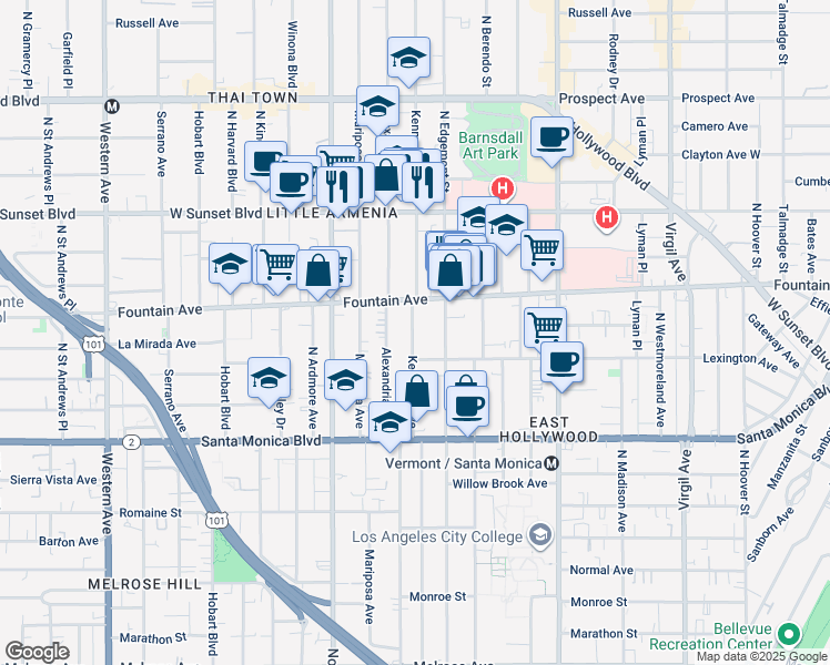 map of restaurants, bars, coffee shops, grocery stores, and more near 1251 North Kenmore Avenue in Los Angeles
