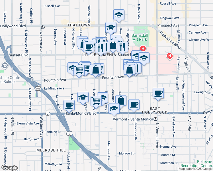 map of restaurants, bars, coffee shops, grocery stores, and more near 1256 North Mariposa Avenue in Los Angeles