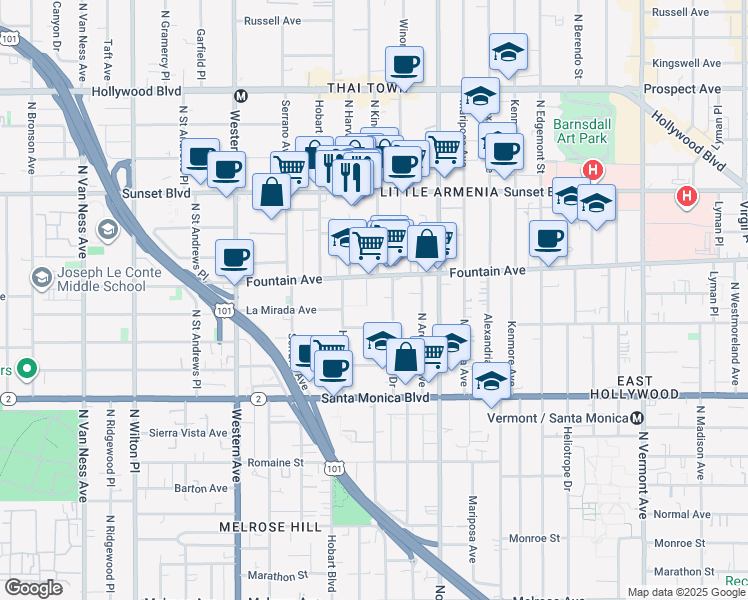 map of restaurants, bars, coffee shops, grocery stores, and more near 5230 North Harvard Boulevard in Los Angeles