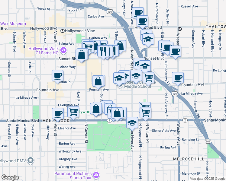 map of restaurants, bars, coffee shops, grocery stores, and more near in Los Angeles