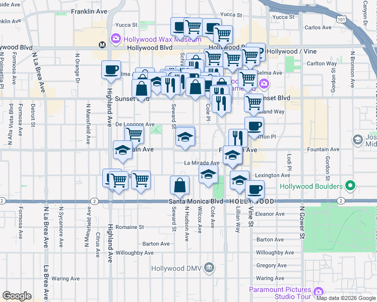 map of restaurants, bars, coffee shops, grocery stores, and more near 6546 Homewood Avenue in Los Angeles