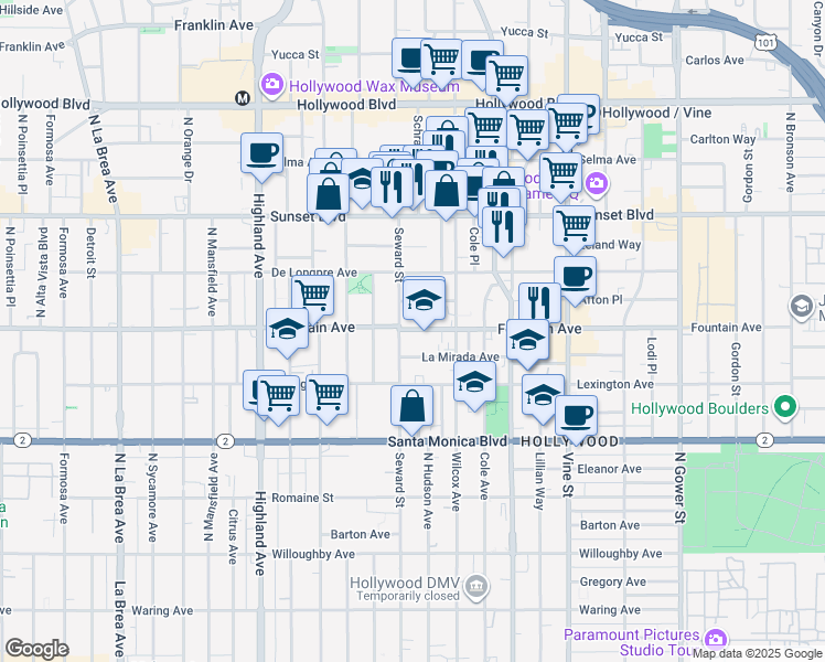 map of restaurants, bars, coffee shops, grocery stores, and more near 6546 Homewood Avenue in Los Angeles