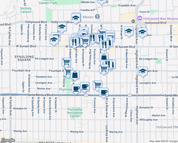 map of restaurants, bars, coffee shops, grocery stores, and more near in Los Angeles