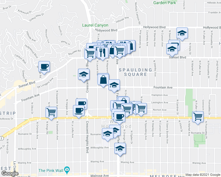 map of restaurants, bars, coffee shops, grocery stores, and more near 1319 North Fairfax Avenue in West Hollywood