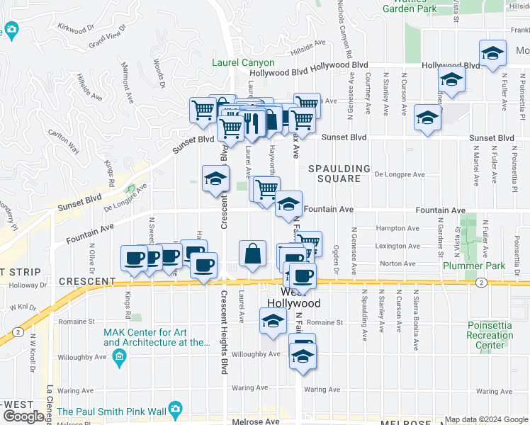 map of restaurants, bars, coffee shops, grocery stores, and more near 1331 North Hayworth Avenue in West Hollywood