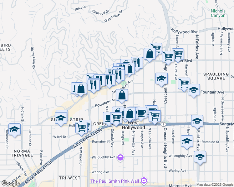 map of restaurants, bars, coffee shops, grocery stores, and more near 8400 Sunset Boulevard in West Hollywood