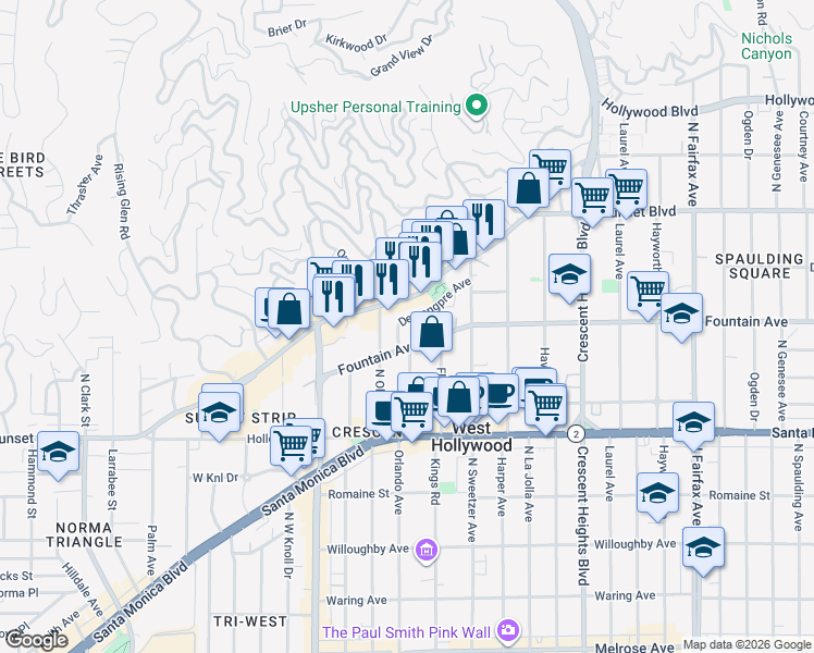 map of restaurants, bars, coffee shops, grocery stores, and more near 8400 Sunset Boulevard in West Hollywood