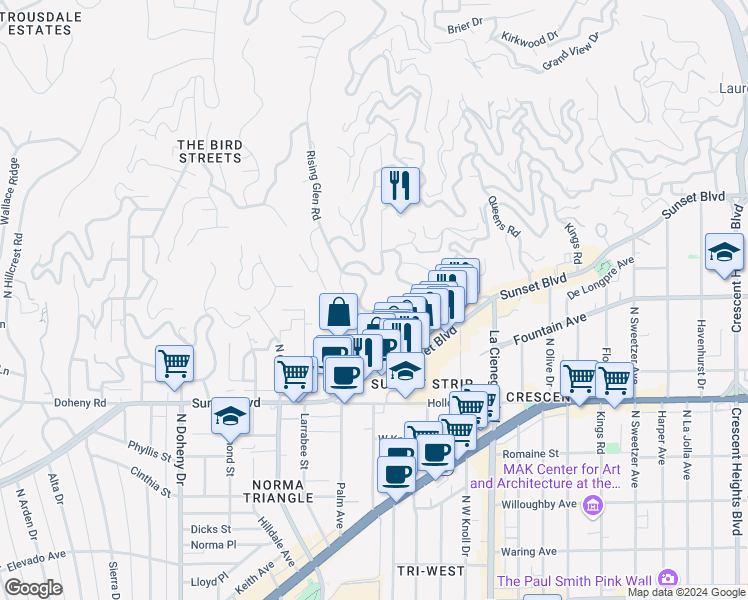 map of restaurants, bars, coffee shops, grocery stores, and more near 1270 Sunset Plaza Drive in Los Angeles