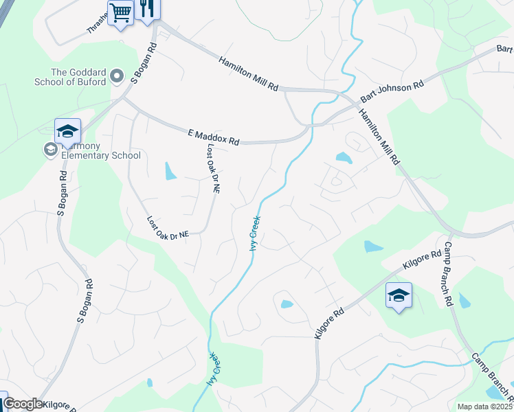 map of restaurants, bars, coffee shops, grocery stores, and more near 3705 Rolling Creek Drive Northeast in Buford