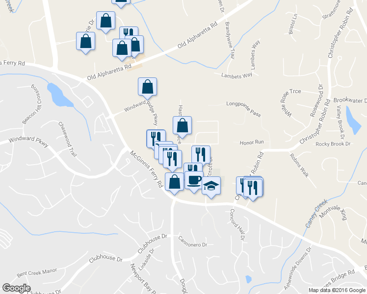 map of restaurants, bars, coffee shops, grocery stores, and more near 5190 Hastings Terrace in Alpharetta