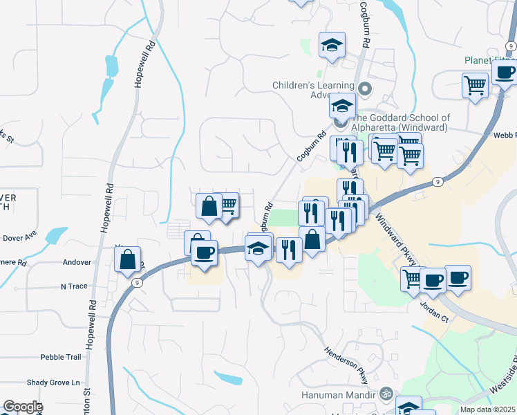 map of restaurants, bars, coffee shops, grocery stores, and more near 535 Cogburn Ridge Way in Alpharetta