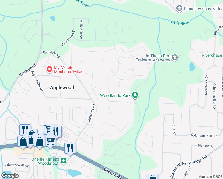 map of restaurants, bars, coffee shops, grocery stores, and more near 122 Towey Trail in Woodstock