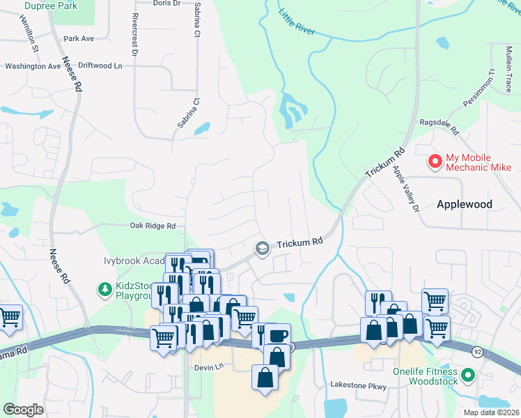 map of restaurants, bars, coffee shops, grocery stores, and more near 1016 Dunedin Trail in Woodstock