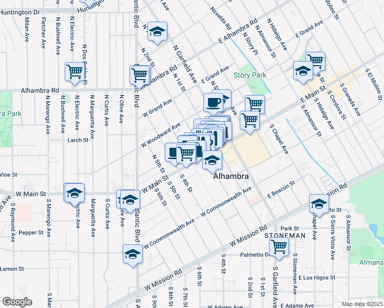 map of restaurants, bars, coffee shops, grocery stores, and more near 28 North 3rd Street in Alhambra