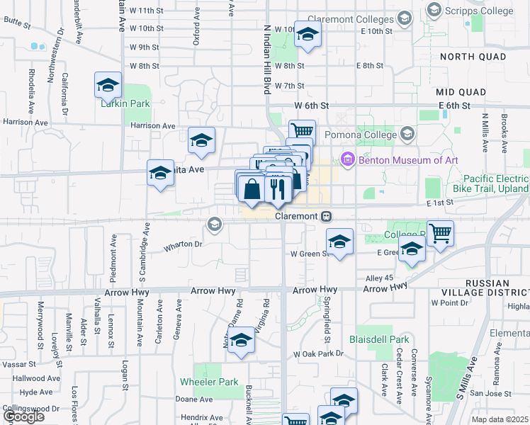 map of restaurants, bars, coffee shops, grocery stores, and more near 460 West 1st Street in Claremont