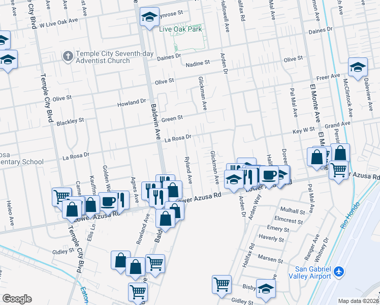 map of restaurants, bars, coffee shops, grocery stores, and more near 10108 La Rosa Drive in Temple City