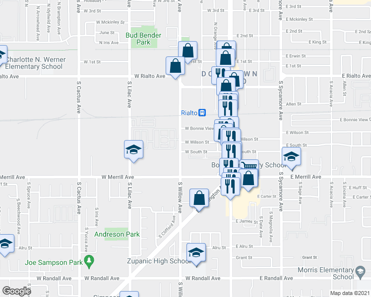 map of restaurants, bars, coffee shops, grocery stores, and more near 280 West South Street in Rialto
