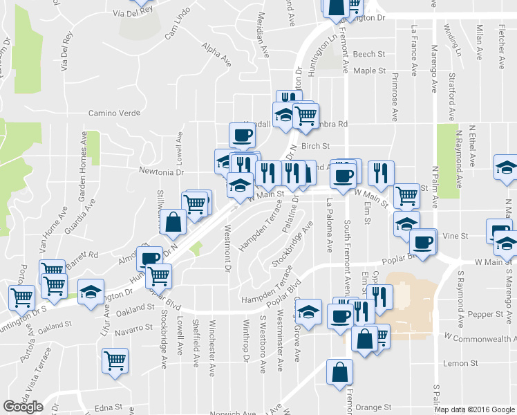 map of restaurants, bars, coffee shops, grocery stores, and more near 3025 Sherwood Avenue in Alhambra