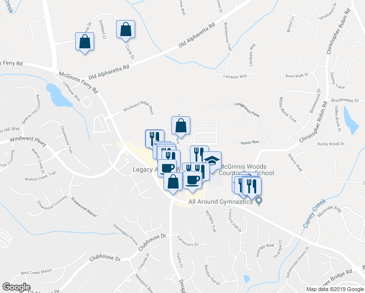 map of restaurants, bars, coffee shops, grocery stores, and more near 5190 Hastings Terrace in Alpharetta
