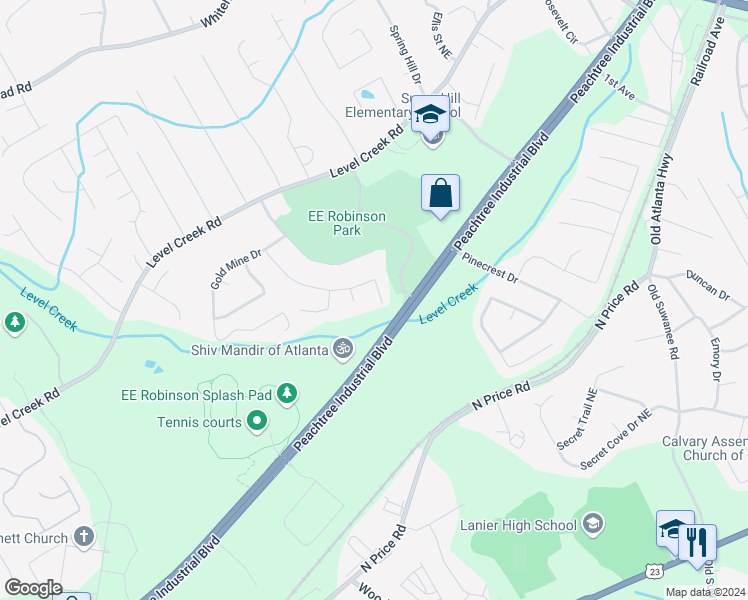 map of restaurants, bars, coffee shops, grocery stores, and more near 4714 Diggers Way in Sugar Hill