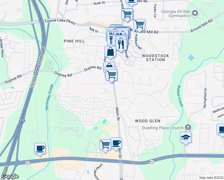 map of restaurants, bars, coffee shops, grocery stores, and more near 9010 Main Street in Woodstock