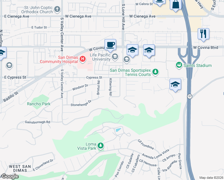 map of restaurants, bars, coffee shops, grocery stores, and more near 1177 Hastings Court in San Dimas