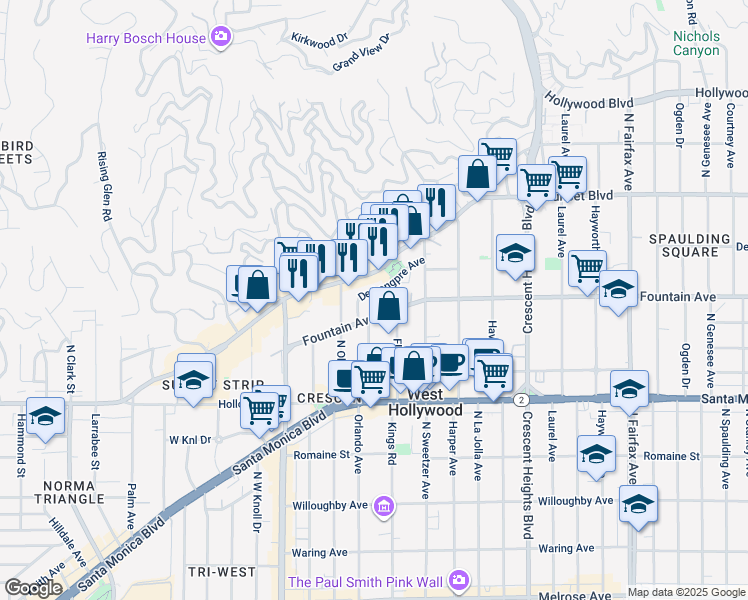 map of restaurants, bars, coffee shops, grocery stores, and more near 8400 Sunset Boulevard in West Hollywood