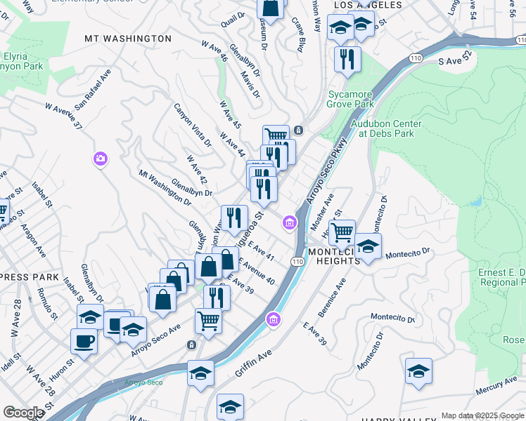map of restaurants, bars, coffee shops, grocery stores, and more near N Figueroa St & W Ave 43 in Los Angeles