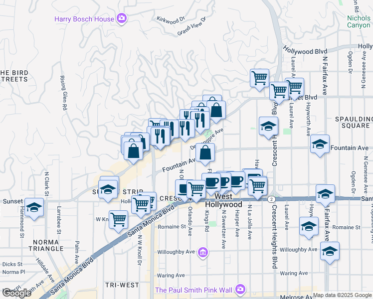 map of restaurants, bars, coffee shops, grocery stores, and more near 8440 Sunset Boulevard in West Hollywood