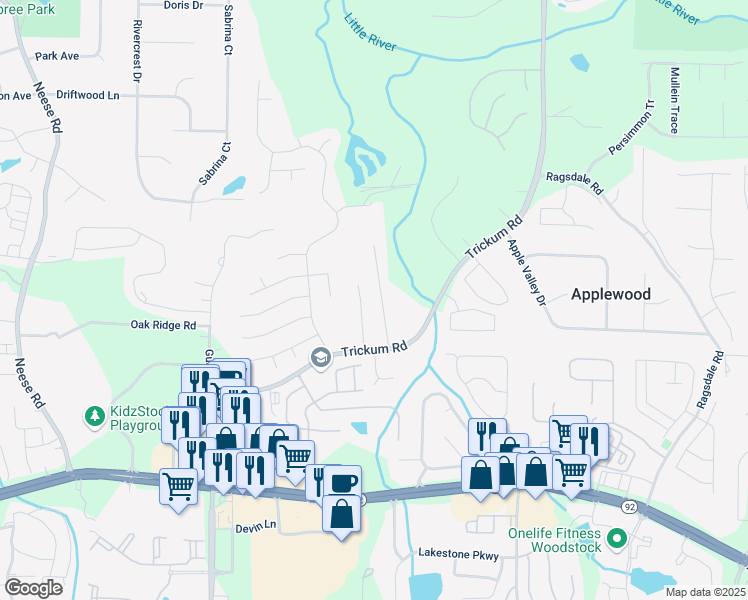 map of restaurants, bars, coffee shops, grocery stores, and more near 705 Trickum Valley Drive in Woodstock