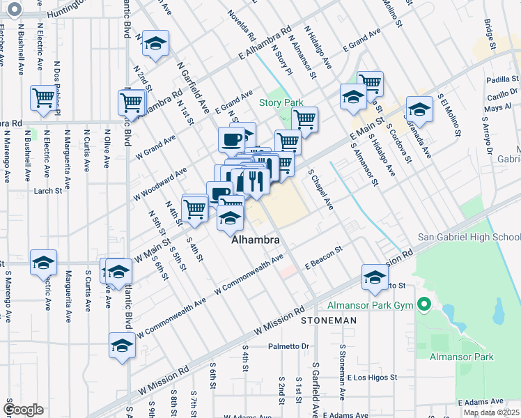 map of restaurants, bars, coffee shops, grocery stores, and more near 39 South Garfield Avenue in Alhambra