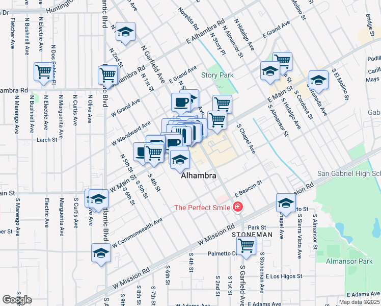 map of restaurants, bars, coffee shops, grocery stores, and more near 10 North 1st Street in Alhambra