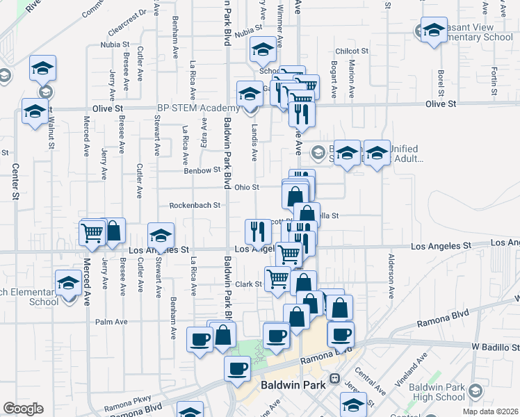 map of restaurants, bars, coffee shops, grocery stores, and more near 4524 Landis Avenue in Baldwin Park