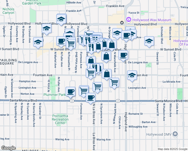 map of restaurants, bars, coffee shops, grocery stores, and more near Fountain Ave & N La Brea Ave in Los Angeles