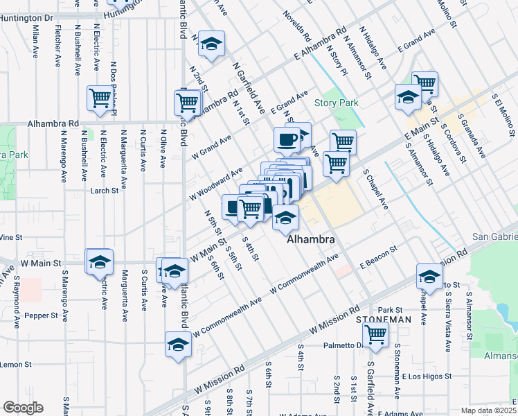 map of restaurants, bars, coffee shops, grocery stores, and more near 28 North 3rd Street in Alhambra