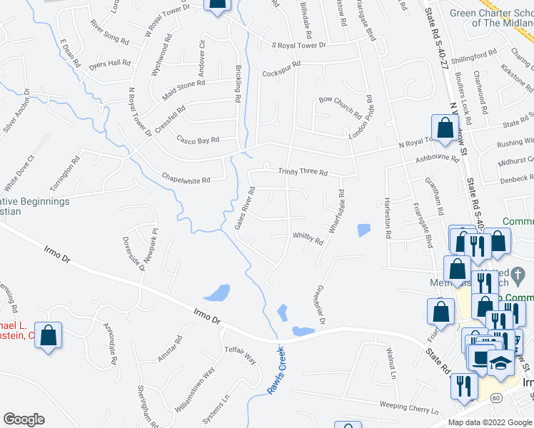 map of restaurants, bars, coffee shops, grocery stores, and more near 10 Ramer Mill Court in Irmo